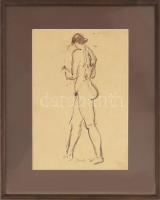 Olvashatatlan jelzéssel: Álló akt. Tus, papír, foltos. Üvegezett fakeretben, 29×20 cm