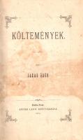 Jakab Ödön: Költemények. Budapest, 1879. Aigner Lajos könyvkiadása (Nyomatott Vodianer F.-nél). 166 + IV p. Egyetlen kiadás. Jakab Ödön (1854-1931) költő, író, újságíró, a Petőfi Társaság, később a Kisfaludy Társaság tagja, a XIX. század végének népszerű költője. Petőfi Sándor hagyományát követő költészetének jeles darabjai népies balladái és helyzetdalai, feleségéhez írt szerelmi költeményei. Kötetünk a szerző első verseskötete. Kötetünk érdekessége az igencsak aktuális háborús témát megéneklő "A török-orosz háború idejéből" című versciklus, mely hazafiasságában oroszellenes érzelmeket pendít meg, mely a korszak hazafias nézeteinek egyik gyakori, visszatérő, számos szerző által megírt témája. A címoldalon és a belív néhány oldalán halvány foltosság, két levélen apró, lapszéli javítás. Szüry 1988. Korabeli egészvászon kötésben, az aranyozott címfelirat a gerincen barna címkén, aranyozott festésű lapszélekkel. Jó példány.