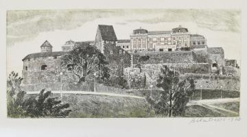 Bóka Dezső (1935- ): A Budai Vár. Rézkarc, papír, jelzett (utólagos jelzéssel?), kisebb lapszéli törésnyomokkal, 16,5x35,5 cm