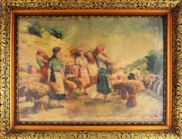 Juhász Erika (1926-2018): Kévét hordó lányok. Akvarell, papír. Jelzett, üvegezett keretben 50x60 cm