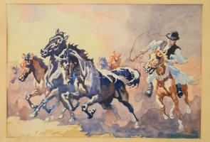 Jelzés nélkül: Vágtató lovak és csikós. Akvarell, papír. Jelzett, üvegezett keretben 20x30 cm