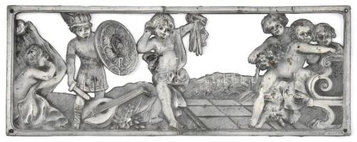 Puttókat ábrázoló fém veret, sérült, 7x18 cm