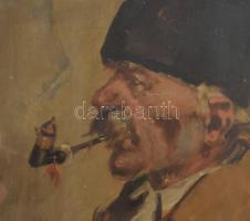 Azonosítatlan jelzéssel: Pipázó férfi. Olaj, karton. Jelzett. Bal alsó sarkában sérült. Üvegezett ke...