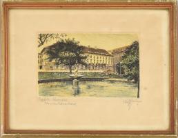 Olvashatatlan jelzéssel: Teplitz-Schönau (Teplice, Csehország). Színezett rézkarc, papír, üvegezett fakeretben, hátoldalán 1942-es felirattal, 9x13 cm