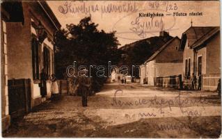 1916 Királyháza, Korolevo, Královo nad Tisou; Fő utca, vár, üzlet. Vasúti levelezőlapárusítás 9354. / main street, castle ruins, shop (EK)