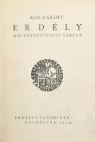 Kós Károly: Erdély. Kulturtörténeti vázlat. Kolozsvár, 1929., Erdélyi Szépmíves [Céh] (Concordia-ny.), 91+1 p.+ 60 (Kós Károly linómetszetei, ebből 54 színes, 6 fekete-fehér) t. +8+ VII p. Első kiadás. Kiadói aranyozott, álbordás félbőr-kötés, Rohonyi Antal-kötés, kopott borítóval, a gerincen a címkén a felirat lekopott, a címlapon kisatírozott résszel, így a "Céh" hiányzik a kiadó nevéből. Számozott, 145. számú kötés.