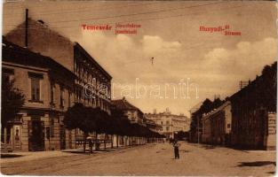 Temesvár, Timisoara; Józsefváros, Hunyadi út, Simon László üzlete. Wágner a "Hangszer-Király" reklám a hátoldalon. 16. (W.L.?) / Josefstadt, Hunyadi-Strasse / street view, shops (EK)