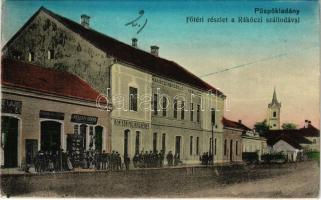 1916 Püspökladány, Fő tér, Rákóczi szálloda, kávéház és vendéglő, Kohn Aladár, Péterfi Árpád üzlete (EK)