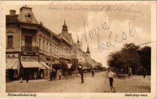 1930 Hódmezővásárhely, Andrássy utca, Vadász drogéria, üzletek (gyűrődés / crease)