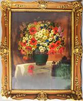 Dobay Ferenc (1867-?): Csendélet tavaszi virágokkal. Olaj, karton, jelzett. Dekoratív sérült fakeretben, 85x65 cm