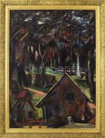 Kelemen Emil (1895-1975): Liget, Ház a tájban. Olaj, farost , jelzett. Fa keretben, 76x57 cm