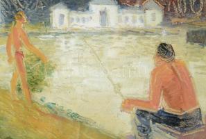 Vincze Győző (1925-2001): Fürdőzők. Olaj, farost, jelzett, fakeretben, 32x42 cm