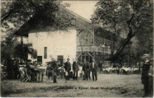 1912 Budapest III. Rómaifürdő, Római fürdő vendéglő, étterem kertje zenekarral, cimbalommal, pincérekkel és vendégekkel (EK)