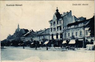 1915 Szatmárnémeti, Szatmár, Satu Mare; Deák tér, Pannonia szálloda, Szatmári Bank székháza, Kellner üzlete. Boros Adolf kiadása / hotel, bank palace, shops (fl)