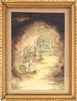 Zórád jelzéssel: Templomba járók Akvarell, papír, Üvegezett keretben 26x16 cm