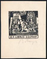 Bálványos Huba (1938- ): Ex libris Szuhay Balázs. Fametszet, papír Jelzett 8x8 cm