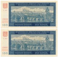Német Harmadik Birodalom / Cseh-Morva Protektorátus 1940. 100K (2x) sorszámkövetők, második kiadás, "S. 16 B 136660 - S. 16 B 136661" T:AU / German Third Reich / Protectorate of Bohemia and Moravia 1940. 100 Korun, consecutive serials, second issue "S. 16 B 136660 - S. 16 B 136661" C:AU Krause 7.