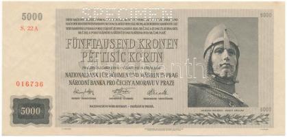 Német Harmadik Birodalom / Cseh-Morva Protektorátus 1944. 5000K "S.22 A 016736", "SPECIMEN (MINTA)" perforációval T:I German Third Reich / Protectorate of Bohemia and Moravia 1944. 5000 Korun "S.22 A 016736" with "SPECIMEN" perforation C:UNC Krause 17.s