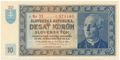 Szlovákia 1939. 10K "SPECIMEN (MINTA)" perforációval, "Rs 33 071185" T:AU / Slovakia 1939. 10 Korun with "SPECIMEN" perforation, "Rs 33 071185" C:AU Krause 4.s