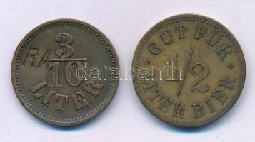 Németország / Plochingen DN "Gut für 1/2 Liter Bier / Endriss Waldhorn" Cu sör bárca + DN "3/10 Liter" brass sör bárca "RA" beütéssel T:VF Germany / Plochingen ND "Gut für 1/2 Liter Bier / Endriss Waldhorn" Cu beer token + ND "3/10 Liter" brass beer token stamped with "RA" C:VF