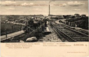 Tatabánya, Magyar Általános Kőszénbánya rt. tatai szénbánya, vasúti sínek, iparvasút, évi termelés. Mezőgazdasági Kiállítás Pozsony 1902. Nobel Adolf kiadása (EK)