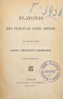 Platonis Rei Publicae Libri Decem. Ex recognitione Caroli Friderici Hermanni. Lipsiae, 1898, B. G. Teubneri,3+318 p. Görög nyelven. Korabeli átkötött félvászon-kötés, kopott borítóval, sérült, javított gerinccel, régi bélyegzésekkel.