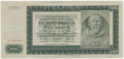 Német Harmadik Birodalom / Cseh-Morva Protektorátus 1942. 1000K "E 337191", "SPECIMEN (MINTA)" perforációval T:F German Third Reich / Protectorate of Bohemia and Moravia 1942. 1000 Korun "E 337191" with "SPECIMEN" perforation C:F Krause 13.s