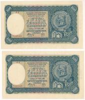 Szlovákia 1940. 100K (2x) sorszámkövetők, II. kiadás, "A8 719542 - A8 719543" T:UNC,AU / Slovakia 1940. 100 Korun (2x) consecutive serials, 2nd issue, "A8 719542 - A8 719543" C:UNC,AU Krause 11.a