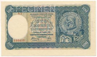 Szlovákia 1940. 100K II. kiadás, "SPECIMEN (MINTA)" perforációval, "A2 116416" T:AU / Slovakia 1940. 100 Korún 2nd issue, with "SPECIMEN" perforation "A2 116416" C:AU Krause 11.s