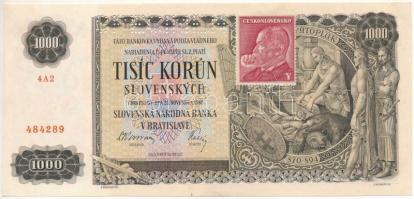 Szlovákia 1940. 1000K "SPECIMEN (MINTA)" perforációval, csehszlovák bélyeggel, "4A2 484289" T:UNC,AU / Slovakia 1940. 1000 Korun with "SPECIMEN" perforation with Czechoslovak stamp, "4A2 484289" C:UNC,AU Krause 13.s