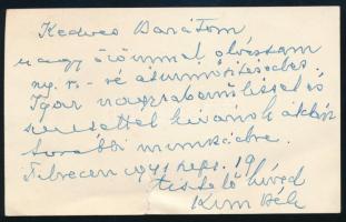 Szentpéteri Kun Béla ( 1874-1950) jogász, egyetemi tanár autográf sorai névjegykártyáján