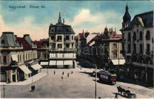Nagyvárad, Oradea; Bémer tér, villamos, Angol és francia női szabóság, Markovits, Weinberger üzlete, Erdős és Grünfeld áruháza, perzsa szőnyegek kiárusítása. B.A.N. / square, tram, shops