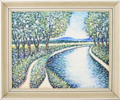 B. Hajdú László (1926-1998): Ipolypart. Olaj, farost, jelezve balra lent, a hátoldalán a művész névjegykártyájával. Dekoratív fakeretben, 40×50 cm