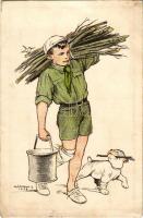 1928 A cserkész híven teljesíti kötelességeit... Kiadja a Magyar Cserkészszövetség Nagytábortanácsa 1926. / Hungarian boy scout art postcard s: Márton L. (Rb)