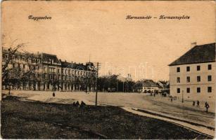 1918 Nagyszeben, Hermannstadt, Sibiu; Hermann tér, villamos. Vasúti levelezőlapárusítás 4. sz. / Hermannsplatz / square, tram (EB)