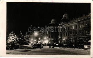 1940 Kolozsvár, Cluj; Mátyás király téri részlet, télen, automobilok / square in winter, automobiles + "KOLOZSVÁR VISSZATÉRT 1940" So. Stpl (ragasztónyom / glue mark)