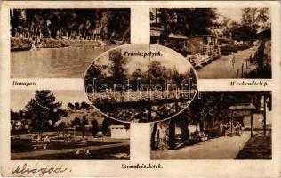 1954 Alsógöd (Göd), mozaiklap 5 képpel: Duna part, teniszpályák, weekend telep, strandrészletek (EK)