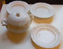cca 1900 Századfordulós jelzett karlsbadi porcelán levesestál hozzávaló 5 db tányérral / Karlsbad china soup-pan with 5 plates