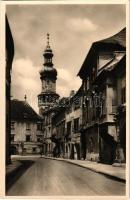 Sopron, Kolostor utca a Várostoronnyal, szén-tűzifa üzlet, cipőüzlet. Monsberger Gottfried kiadása (kopott sarkak / worn corners)