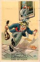 Nesze neked ifjú férfi, az ablakon sok jó fér ki, nyakad közé csurgatom, zenédet nem hallgatom. Olasz humoros művészlap. Cecami n. 1010. / Italian humour art postcard, musician, artist signed