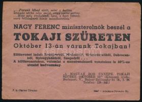 1945 Tokaji szüret Nagy Ferenc miniszterelnök beszéde röplap 15x11 cm