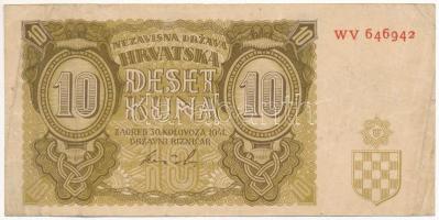 Független Horvát Állam 1941. 10K "WV 646942" T:F Independent State of Croatia 1941. 10 Kuna "WV 646942" C:F Krause 5.b