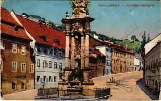 1916 Selmecbánya, Schemnitz, Banská Stiavnica; Szentháromság tér, emlékmű, Király János üzlete. Joerges kiadása / Holy Trinity square, monument, shops (Rb)