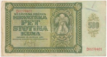 Független Horvát Állam 1941. 500K "D0279401" T:F Independent State of Croatia 1941. 500 Kuna "D0279401" C:F Krause 3.