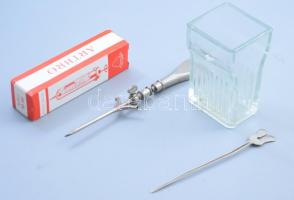 Orvosi eszközök: trokár, sebszonda, üveg fecskendő, tárgylemez fixáló.