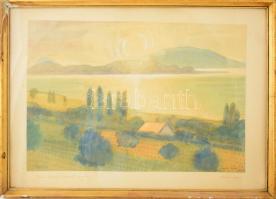 Zalai Tóth János (1899-1978): Balatongyöröki panoráma, (1927?). Akvarell, ceruza, papír, jelzett. Üvegezett, sérült fakeretben. 32x46,5 cm