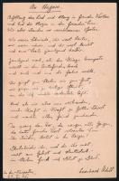 1915.I.27 Leonhard Adelt (1881-1945) német író, újságíró autográf vers kézirata "An Ungarn" (Magyarországhoz) címmel, az első világháború idejéből, amelyben elsősorbana német és magyar háborús összefogást foglalja versbe. Leonhard Adelt autográf aláírásával, I. világháborús tábori postai lapon. Törésnyommal. Proveniencia: Gerő Ödön (1863-1939) művészeti szakíró, újságíró lánya, Gerő Zsófia (1895-1966) hagyatékából. / Leonhard Adelt (1881-1945) German writer's autograph poem "An Ungarn" (To Hungary).