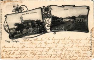 1908 Buttyin, Körösbökény, Bököny, Nagybuttyin, Buteni, Bucin; római katolikus templom, Fő tér. Bienenstock József kiadása, Deutsch fényképész felvétele / Roman Catholic church, main square. Art Nouveau, floral (b)