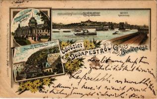 1898 (Vorläufer) Budapest, Királyi vár és várbazár, Lánchíd, Szent Gellérthegy, Tabán városrész, Szent Margitsziget fürdő. Carl Otto Hayd No. 390. Art Nouveau, floral, litho (ázott sarok / wet corner)