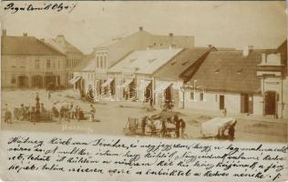 1899 (Vorläufer) Hátszeg, Hateg; tér, piac, kút, Léb Adolf, B. Popovits, Groszeck Károly üzlete / square, market, fountain, shops. photo (Rb)